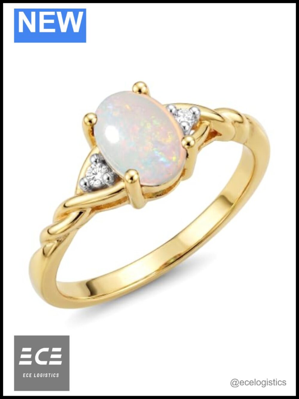 14K Gold Plated Silver Rylos Oval Opal & Diamond Birthstone Ring Size 5